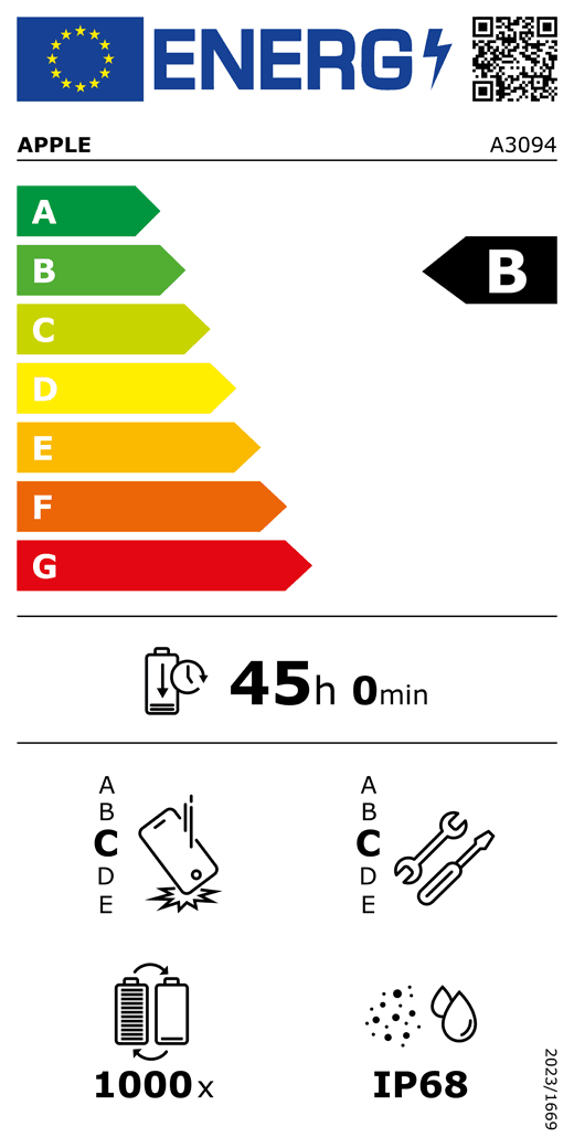 iPhone 15 Plus hivatalos EU-energiacímkéje