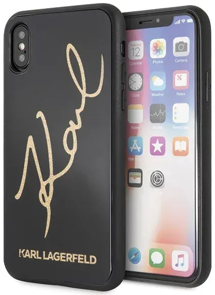 Karl Lagerfeld iPhone X/Xs fekete kemény tok Signature Glitter – termékfotó